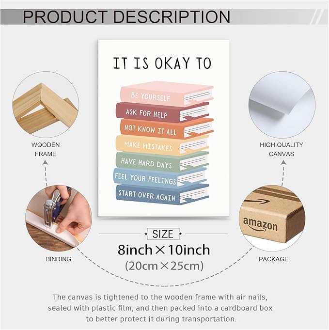 UNXIS Growth Mindset Poster Positive Affirmations Wall Decor It Is Ok To Be Yourself Frame Canvas Wall Art Calming Corner Strategies Chart 8x10in Set of 6 for Boy Girl Baby Children's Room