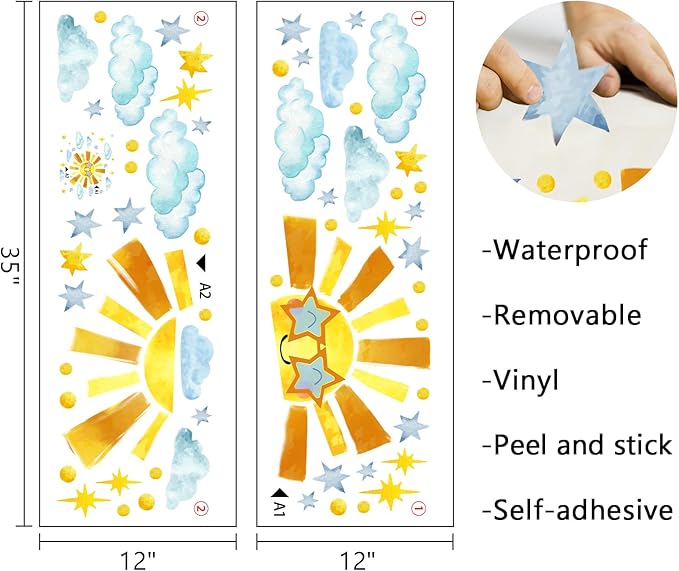 Mfault Sun Sunshine Wall Decals Stickers, Cute Watercolor Cloud Stars Nursery Decorations Kids Bedroom Art, Neutral Toddlers Room Playroom Decor