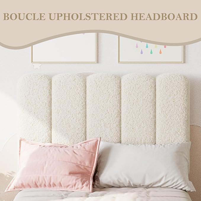 IDEALHOUSE Twin Bed Frame with Storage Drawer and Headboard, Boucle Upholstered Twin Platform Bed Frame for Girls, Strong Wooden Slats Support, Noise-Free, Easy Assembly (Boucle Beige)