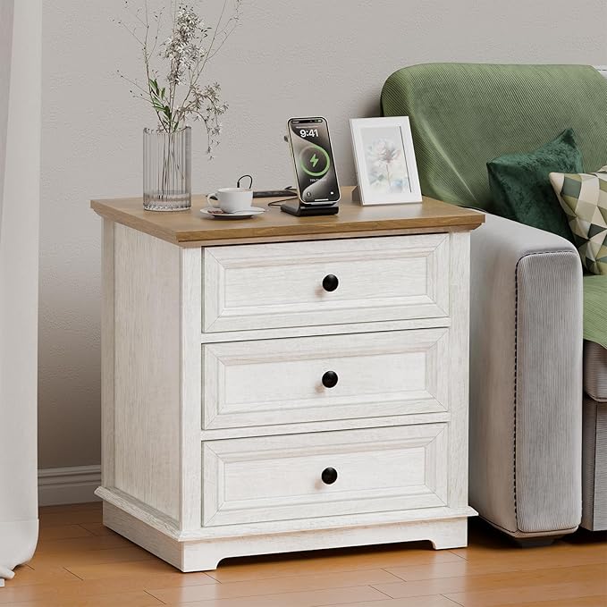 3 Drawer Dresser, Chest of Drawers with Charging Station, 24” Wide End Table with 3 Drawers, Modern Bedside Table with Storage, Wooden Small Dresser. (White)