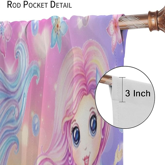 Cartoon Mermaid Kids Curtain Fantasy Ocean Theme Coral Flower Floral Window Treatment for Kids Girls Bedroom Nursery Room Decor Rod Pocket Blackout Window Drapes 42x63in