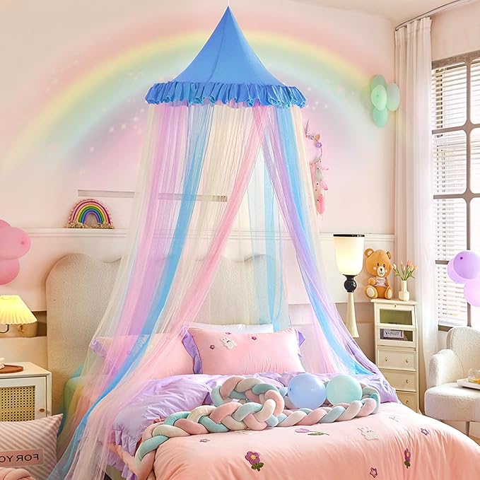 Kertnic Rainbow Bed Canopy for Girls Dreamy Mosquito Net for Bed Round Dome Princess Bed Canopy Girl Room Play Tent Kids Canopy Bed Netting Curtains (Single Layer- Blue)