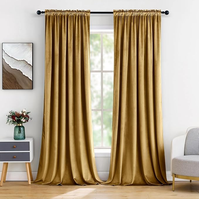 MIULEE Gold Velvet Curtains Thermal Insulated Blackout Curtain Drapes for Bedroom Living Room Darkening 96 Inches Long Curtains Panels Rod Pocket Set of 2