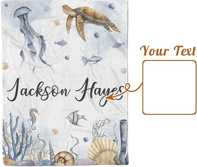 Personalized Baby Blanket with Name, Customized Baby Blanket for Kids Newborns, Soft Flannel with Double Layer Dotted Backing, Customized Gifts for Baby Shower Birthday, Sea Turtle(47" x60)