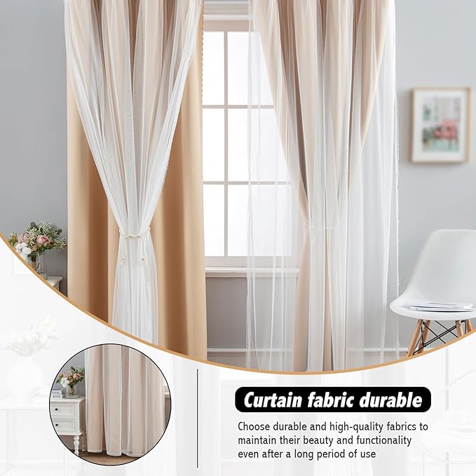 Anytime Home Curtains Blackout and Sheer Layered Solid Window Curtain Panel Pair with Grommet Top, 52Wx84L,Beige