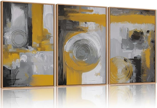 FWIEXA Black Grey Abstract Canvas Wall Art Set of 3, Framed Orange Modern Wall Paintings, Minimalist Graffiti Textured Artwork, 16x24 Inches Brush Stroke Wall Decor for Living Room, Bedroom, Office