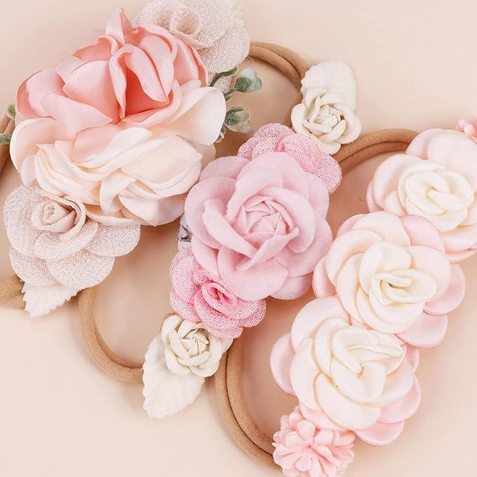 Baby Girl Floral Headband Nylon Flower Crown Elastic Hairband 3pcs Hair Accessories Gift for Girls (YM8)