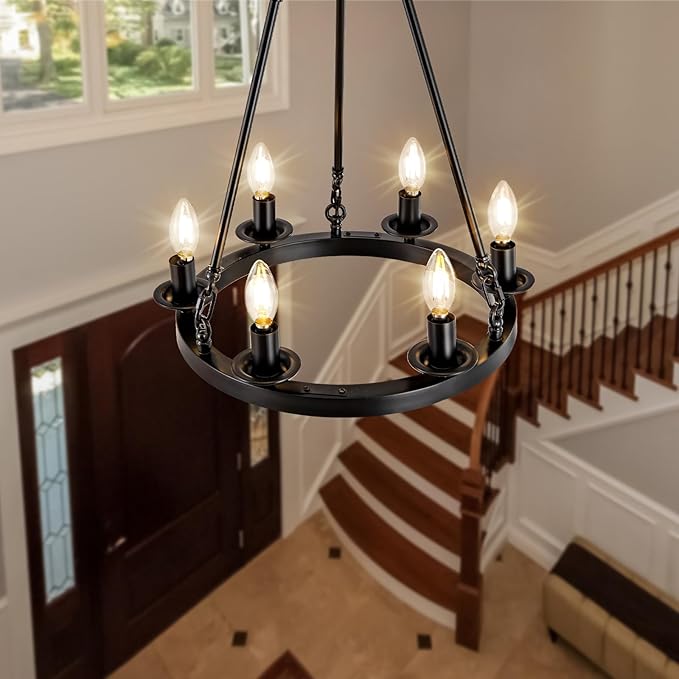 Wagon Wheel Chandelier, 6-Light Black Round Modern Farmhouse Chandelier with Adjustable Height Hanging Island Light Fixture for High Ceiling Dining Room, Kitchen, Living Room, Entryways, Foyer