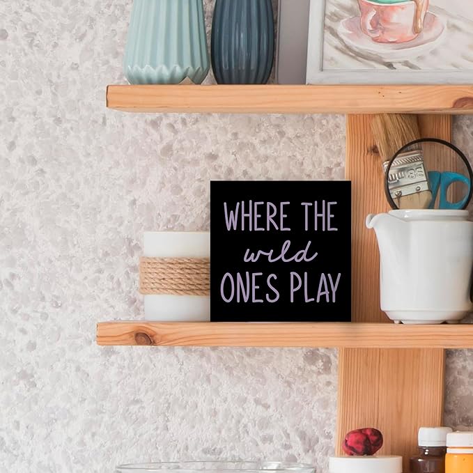 Where The Wild Ones Play Black Purple Wood Box Sign Desk Decor 5X5, Nursery Kids Room Wooden Block Sign Decorations for Playroom Toddler Room Wall Tabletop Shelf Decor