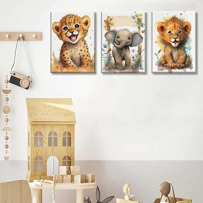 HKMXCD 3Pcs Baby Safari Animal Canvas Wall Art Jungle Watercolor Animal Wall Decor Picture Lovely Painting Artwork Kids Room Prints for Boy Girl Room Home decoration 16x24in