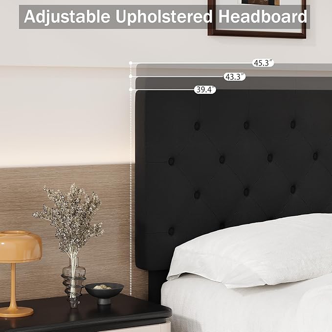 BarnFurin King Bed Frame, Upholstered Platform Bed with Button Tufted Headboard, Fabric Bed Frame with Wooden Slats Support, No Box Spring Required, Easy Assembly, Black