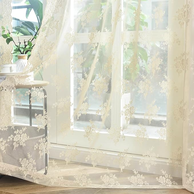 Kotile Beige Sheer Curtains 72 Inches Long, 2 Panels Country Rustic Floral Vintage Beige Sheer Lace Curtains for Living Room, Rod Pocket Privacy Light Filtering Window Curtain Drapes, 52 x 72 Inch