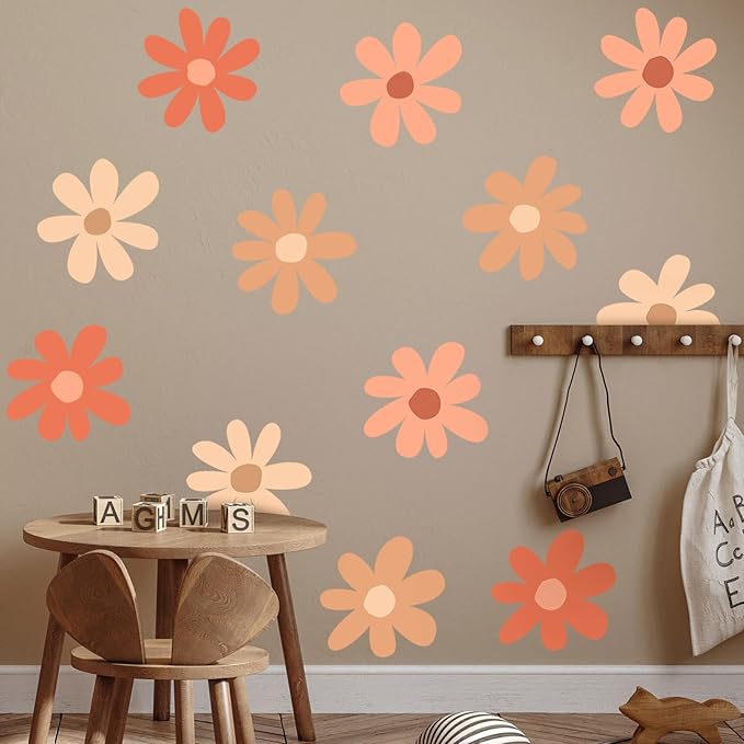 TaoBary 12 Sheets Daisy Wall Decal Flower Wall Sticker Cute Daisy Sticker Pink White Flower Decal Peel and Stick Floral Wallpaper for Nursery Bedroom Home Decor(Orange,Colorful Classic Style)
