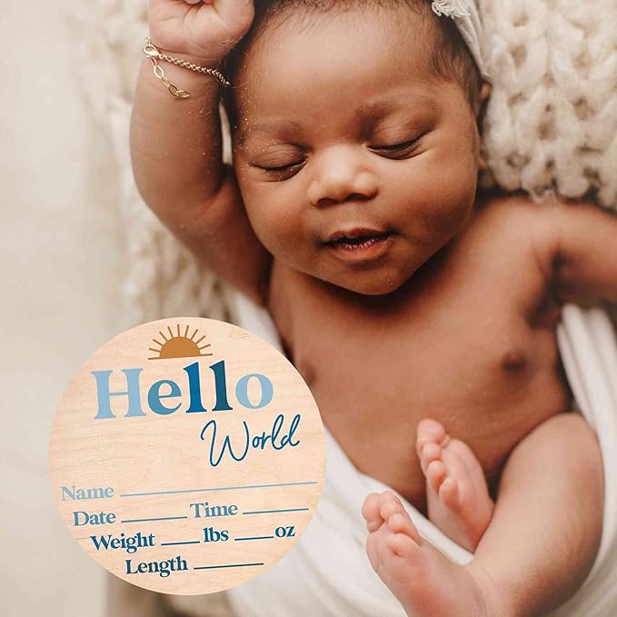 Hello World Newborn Sign - Baby Name Birth Announcement Plaque for Hospital - Photo Prop - Nursery Decor - Shower Gift