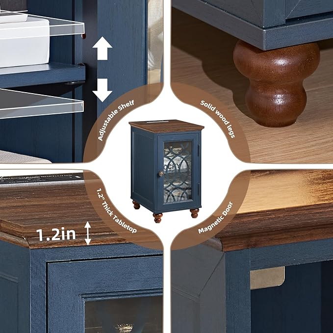 Narrow Side Table with Charging Station, Night Stand with Glass Door, Bedside End Tables with Adjustable Shelf Storage Cabinet,Wood Nightstand for Small Spaces Living Room Bedroom