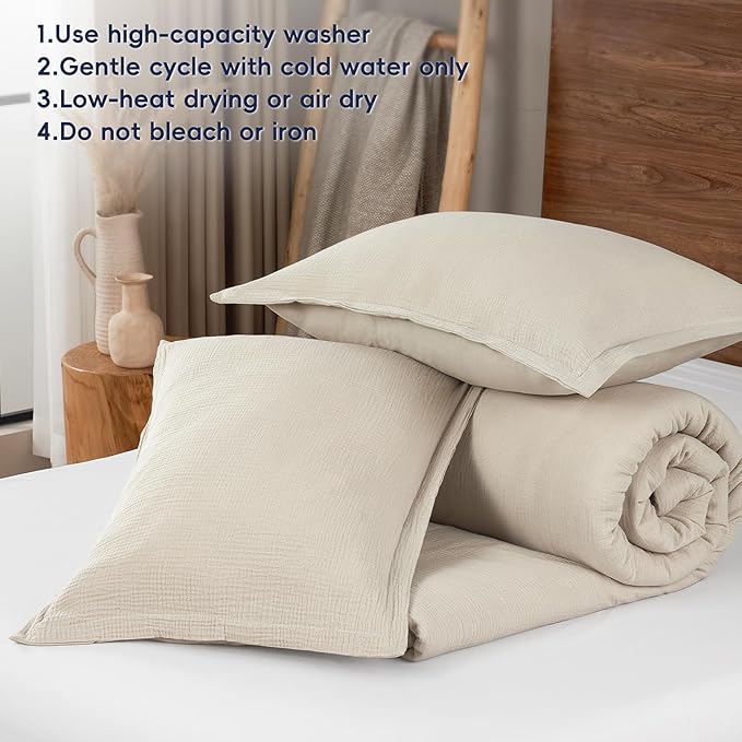 PHF Cotton Muslin Comforter Set Queen Size, Ultra Soft, Breathable & Lightweight All-Season Bedding, Filling: 100% Polyester, 3 Pieces with 1 Comforter 90"x90" and 2 Pillow Shams 20"x26", Natural