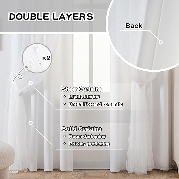 MYSKY HOME White Curtains for Girls Bedroom & Nursery Kids Cute 90 Inch Curtains Double Layer with Polka Dots Sheer, Grommet Tops, 52" Wide Each Panel, 2 Panels