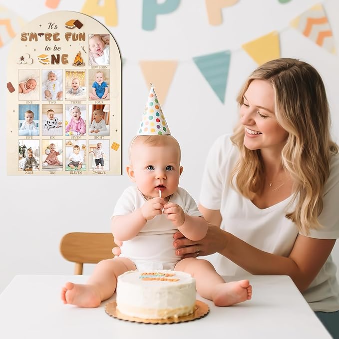R HORSE My First Year Photo Display Wood Board - 3D S'mores Baby's First Year Picture Frame, 12 Months Camping Campfire Milestone Board Baby Keepsake Gift 1st Birthday Nursery Decor for Boy Girl