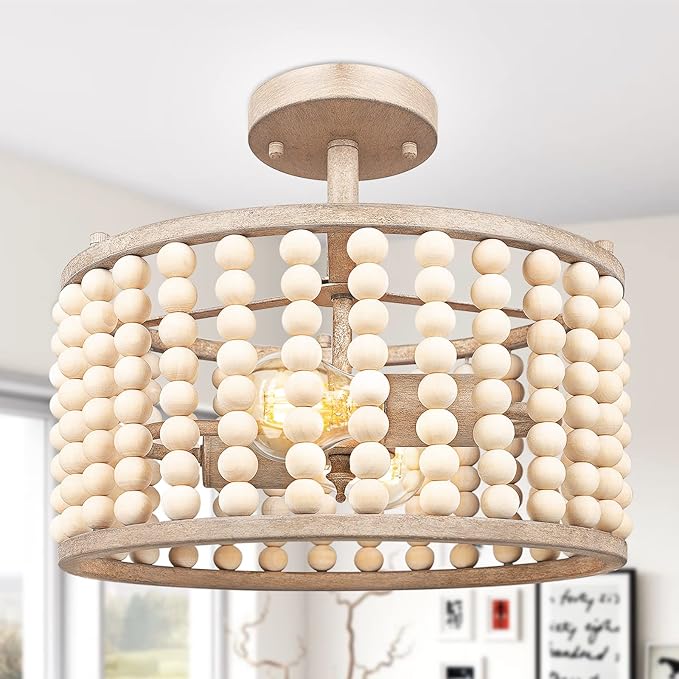Wood Beaded Boho Ceiling Light Fixture - Vintage Semi Flush Mount Chandelier, 2-Light Bohemian Beaded Nursery Light Fixture for Kids, Living Room, Bedroom, Kitchen Island, Entryway, E26 Socket