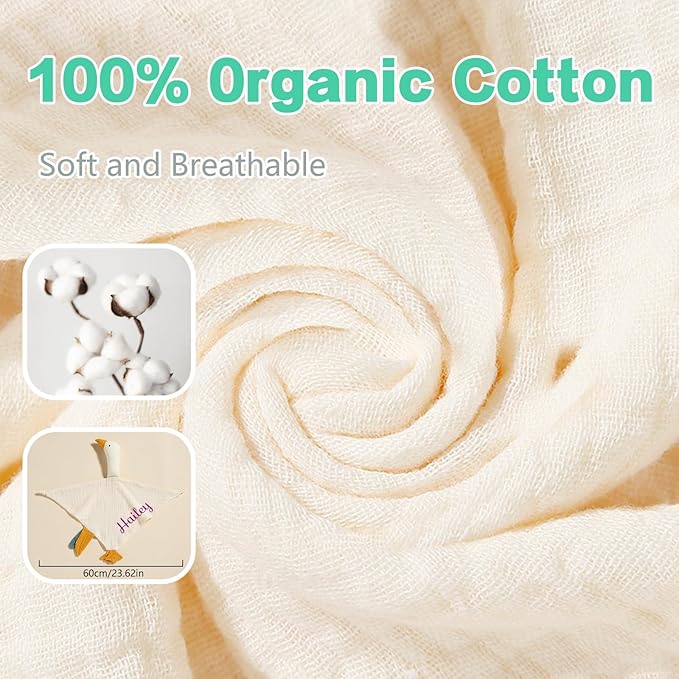 Personalization Baby Lovey Blanket,Organic Cotton Muslin Security Blanket with Cute Goose Design | Hypoallergenic Newborn Gift for Christening, Baby Shower & Nursery Essentials