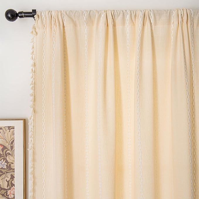 Deeprove Boho Curtains 96 Inches Long for Bedroom Living Room, Beige Cotton Linen Stripes Embroidery Weighted, Bohemian Farmhouse Window Treatment Drape Tassels, 1 Panel W52 x L96, Champagne