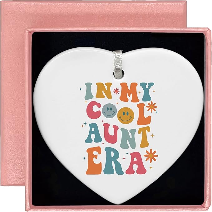 Heart Shaped Christmas Ornament-Cool Aunt Era Gift-Best Aunt Ever Keepsake for Niece Nephew-Birthday or Baby Announcement Present for New Auntie to Be-Promoted to Auntie Ceramic Ornament