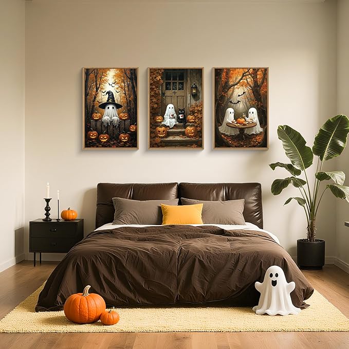 FWIEXA Halloween Cute Ghost Pumpkins Canvas Wall Art Set of 3, Black Cat Framed Painting Artwork, Vintage Witchy Hat Bats Prints, Fall Maple Leaf Decor 24x36 In for Party, Gift, Living Room, Bedroom