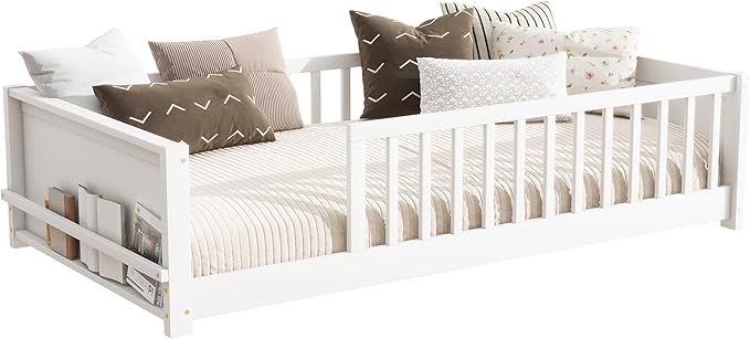 Floor Bed with Rails Twin Size, Wood Montessori Floor Bed with Storage Bookcase, Kids Bed Frame with Fence for Boys Girls, White