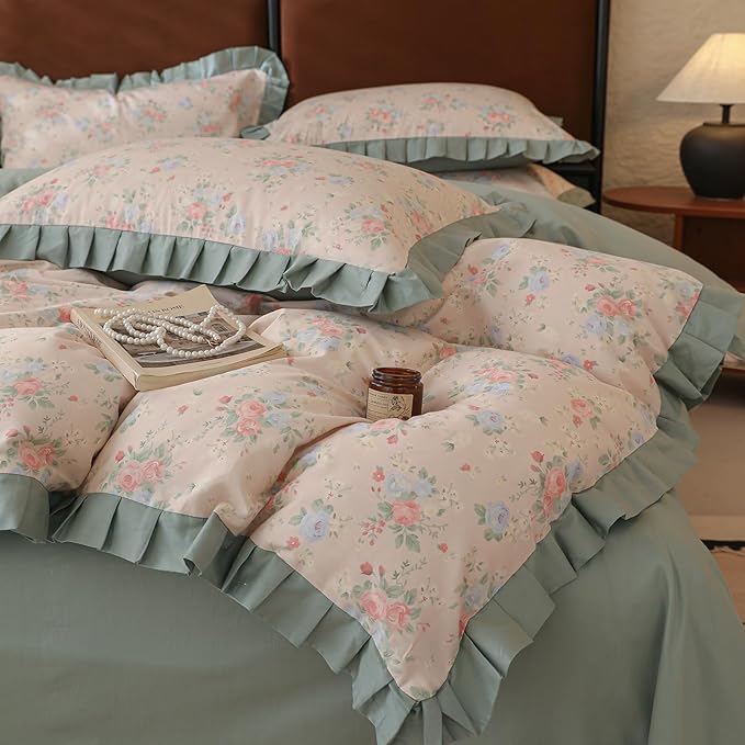 LifeTB Romantic Ruffle Floral Duvet Cover Queen 3 Pieces Flower Duvet Cover Girls Floral Comforter Cover 100% Cotton Princess Lace Bedding Cover Cottagecore Flower Comforter Cover with 2 Pillowcases