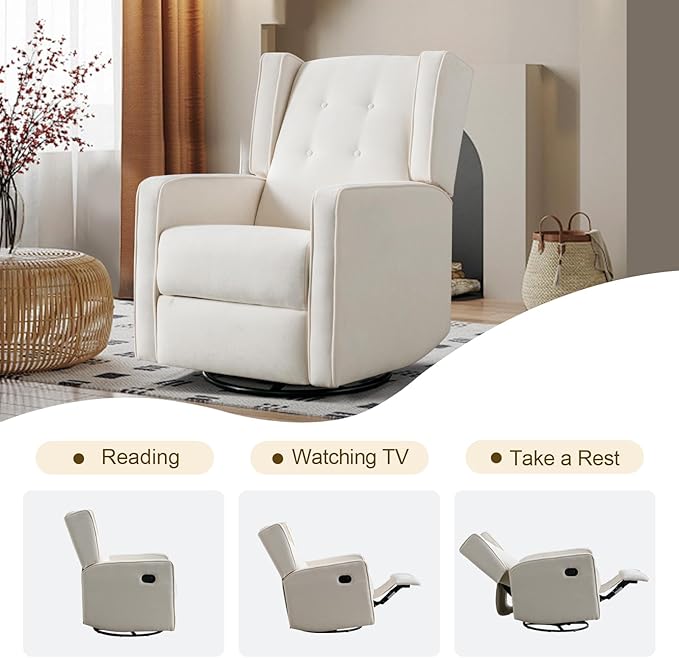 CANMOV Swivel Rocker Recliner Chair, Rocking Chair Nursery Glider Recliner, Manual Glider Chair for Nursery, White