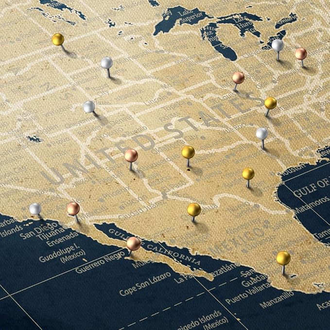 ElephantStock - Adventure Awaits World Map With Push Pins Wall Art - Horizontal Canvas Wall Art - Living Room Wall Decor - Digital Art Map Canvas Art - Gold And Blue Decor - 45" x 30"