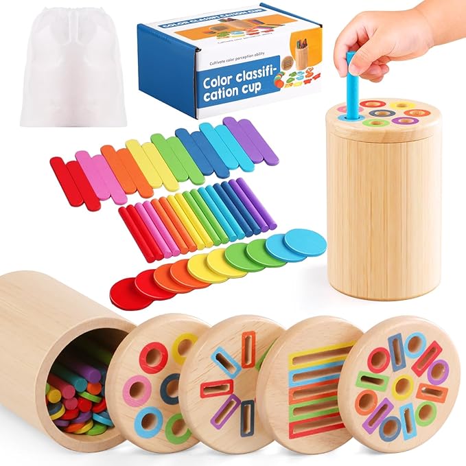 Wooden Montessori Toys for 1, 2,3 Year Old: 4 in 1 Fine Motor Skills Juguetes, Learning Color Matching Sorting Sensory - for Toddlers 15,18,24 Month