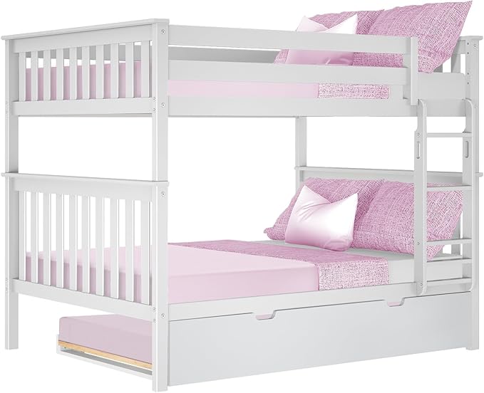 Max & Lily Bunk Bed, Full-Over-Full Wood Bed Frame For Kids With Trundle, White