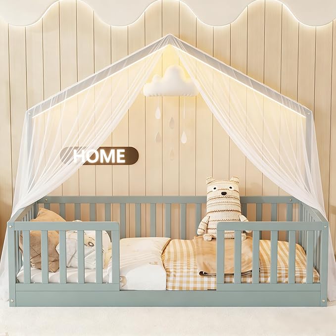 Full Size House Bed for Kids, Low Profile Full Montessori Bed with High Railings, Wood House Shape Montessori Beds with Light & Roof for Kids, Gray