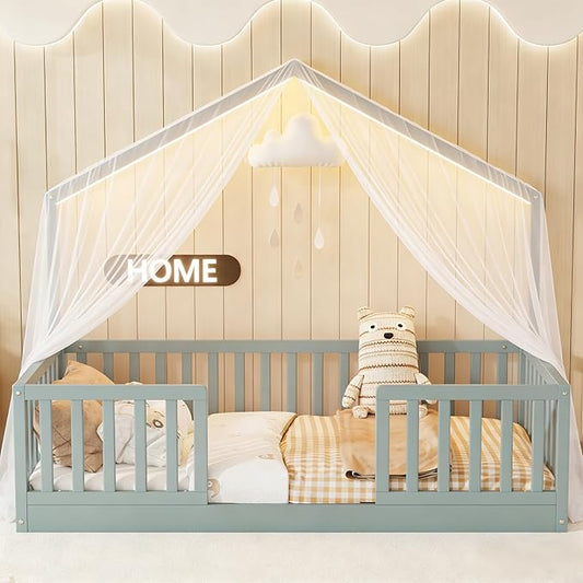 Full Size House Bed for Kids, Low Profile Full Montessori Bed with High Railings, Wood House Shape Montessori Beds with Light & Roof for Kids, Gray