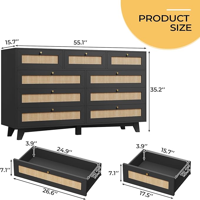 AOGLLATI Black Rattan Dresser for Bedroom with 9 Drawer, Modern Double Wooden Long Bedroom Dresser, Chest of Drawers with Metal Handle & Solid Wood Legs for Bedroom/Living Room, Black
