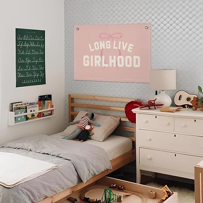Long Live Girlhood Banner, Girl Nursery Decor, Toddler Girl Room Decor, Pink Bow Girls Room Wall Decor, 30x20 Inch Linen Wall Hanging Canvas Banner Flag