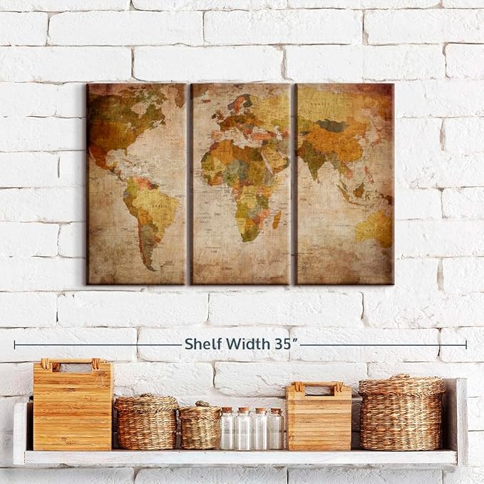 ElephantStock World Map Multi Piece Canvas - 3 Piece Canvas World Map Wall Decor - Wall Decor, Ready-to-Hang Print - Vintage Wall Art - 23" X 14"