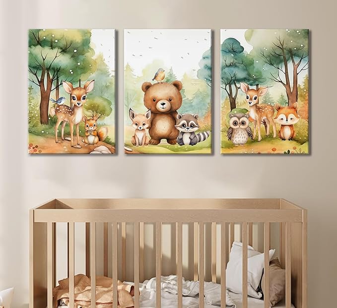 3Pcs Woodland Animal Nursery Wall Art Forest Animal Wall Decor Cute Watercolor Deer Bear Fox Poster Canvas Prints Paintings Pictures Artwork for Kids Baby Bedroom Decor Canvas 12X16in