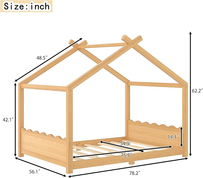 Full Size Wooden House Floor Bed - Kids Bed Frame with Roof & Support Slats for Bedroom, No Box Spring Needed, Easy Assembly (Natural)