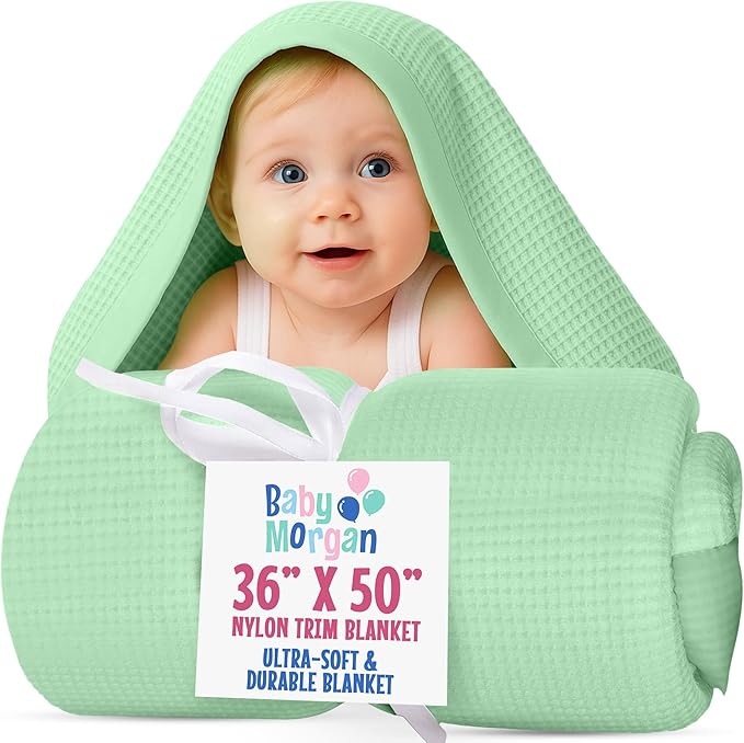 Blankets Thermal Waffle Baby Blanket Crib Bedding - Soft Cozy Warm Infant Thermal Cover for Nursery Stroller or Bassinet, Lightweight Ideal Shower Gift, Nylon Trim Mint Green 36" x 50"