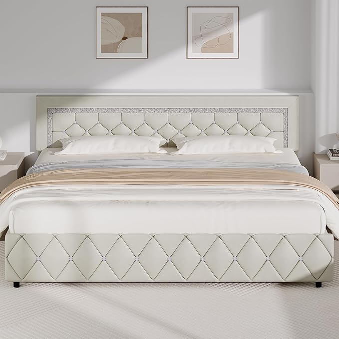 BarnFurin King Bed Frame with Diamond Tufted Headboard, Faux Leather Upholstered Bed with Wooden Slats Support, No Box Spring Needed, Mattress Foundation, Easy Assembly, Cream