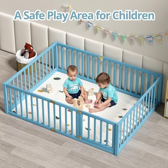 LLS Full Size Floor Bed with 21.6" High Fence for Kids Boys Girls, Solid Wood Multifunctional Montessori Bed Frame with Door, Without Slats, Sky