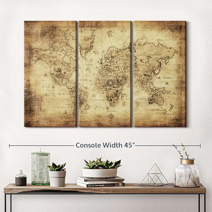 ElephantStock Ancient World Map Wall Art Multi Piece Canvas - 3 Piece Canvas World Map Wall Decor - Wall Decor - Ready-to-Hang Print - Vintage Wall Art - 38" X 24"