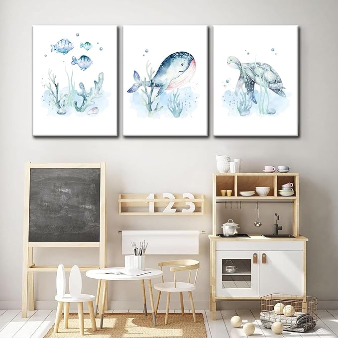 Wodkwq Ocean Nursery Decor, Set of 3 Boys Room Sea Animal Wall Art Picture Canvas Prints, 12x16 Inch Framed