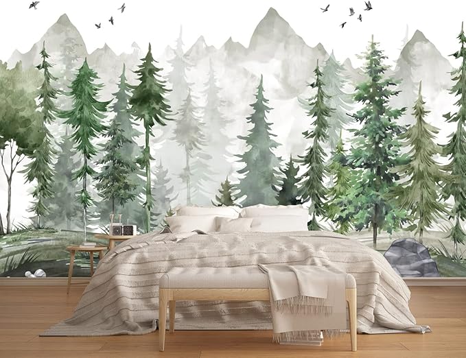 Green Forest Wall Mural Watercolor Woodland Wallpaper for Nursery Room (Not Peel n' Stick)