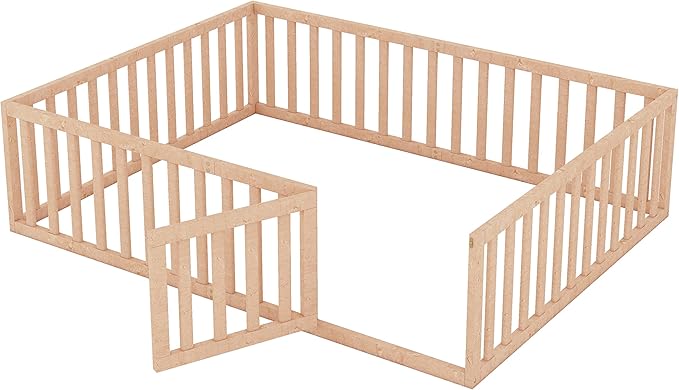 Merax Queen Floor Bed with Safety Guardrails and Door, Wood Montessori Floor Bed Frame for Kids, Queen Playhouse Bed Frame for Baby Girls and Boys, Natural