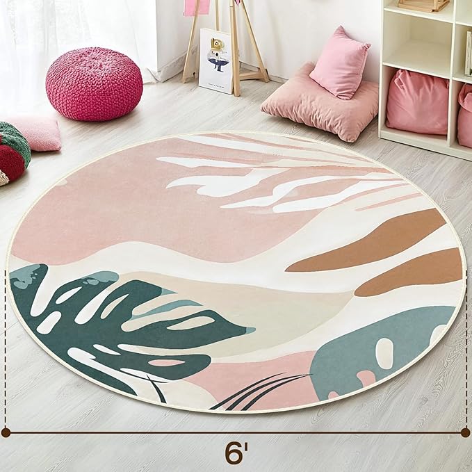 6' Machine Washable Round Area Rug, Non-Slip Abstract Boho Circle Floor Rugs for Kids, Low Pile Room Carpet for Living Room, Bedroom, Dining Room & Nursery(6' Pink Green)