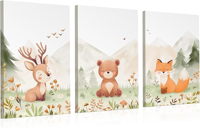Woodland Nursery Canvas Wall Art – Hand-Drawn Forest Animals (Deer, Bear, Fox) – Large 16×24 Panels, Set of 3 – Neutral Baby Room Decor for Boys & Girls – Premium Fiber Canvas, Ready to Hang