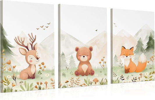 Woodland Nursery Canvas Wall Art – Hand-Drawn Forest Animals (Deer, Bear, Fox) – Large 16×24 Panels, Set of 3 – Neutral Baby Room Decor for Boys & Girls – Premium Fiber Canvas, Ready to Hang